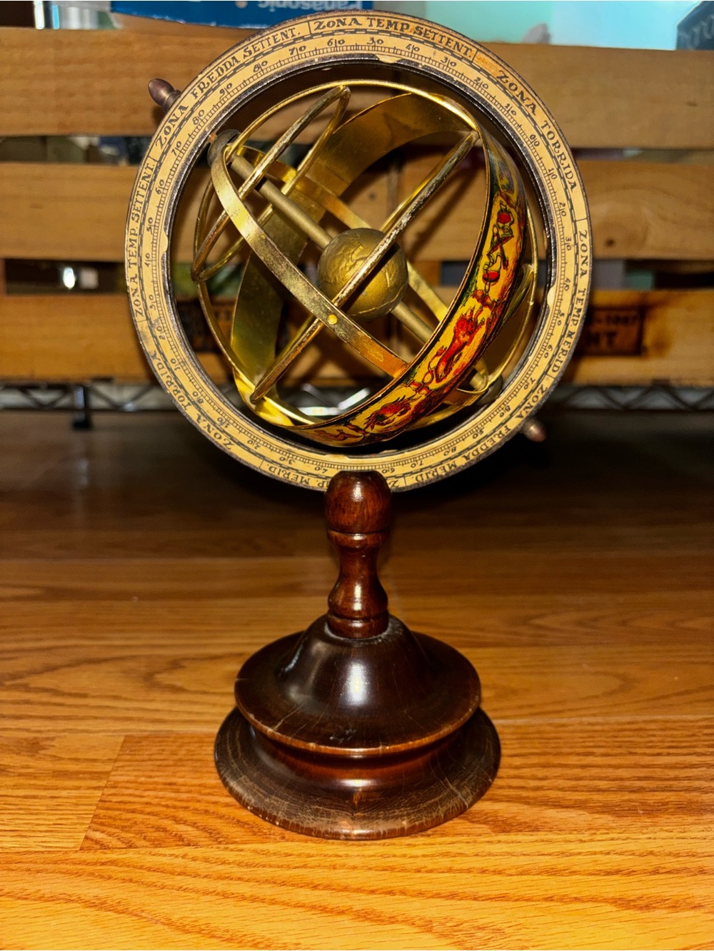 10” vintage metal globe with wood base & zodiac astrology signs